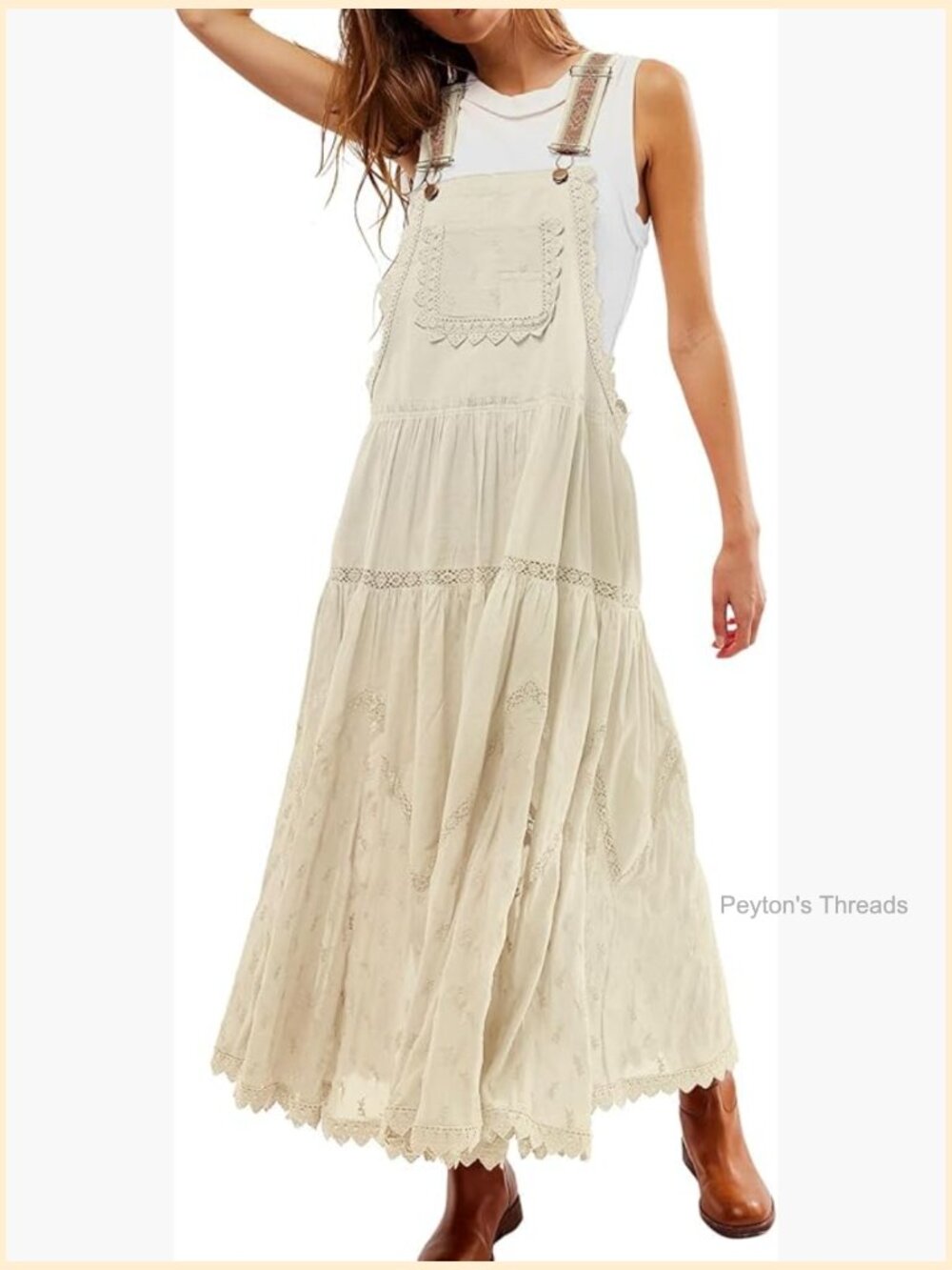 Bohemian Cream Lace-Trim Maxi Overall Dress